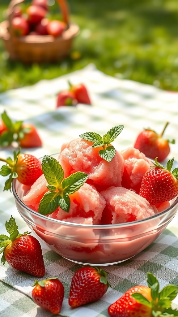 A bowl of strawberry sorbet garnished with mint leaves, surrounded by fresh strawberries on a picnic blanket.