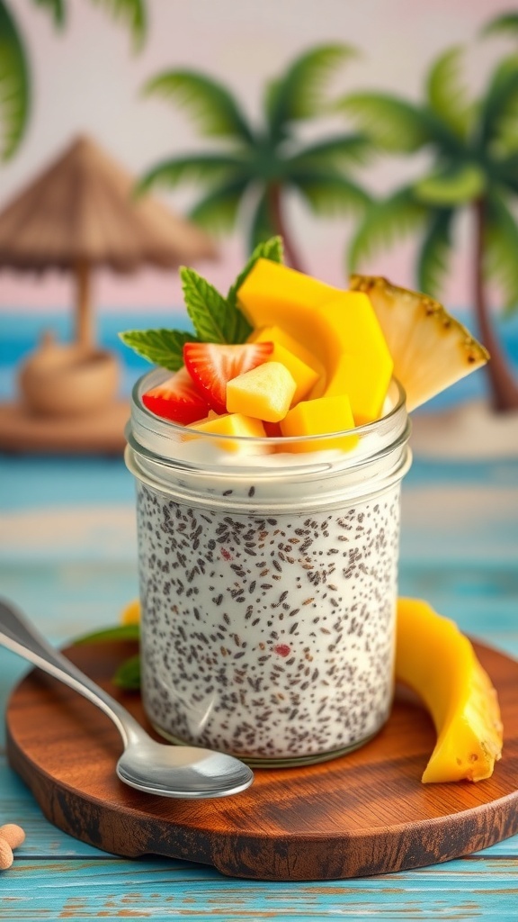 A jar of coconut chia seed pudding topped with fresh mango, strawberries, and mint, set against a tropical background.