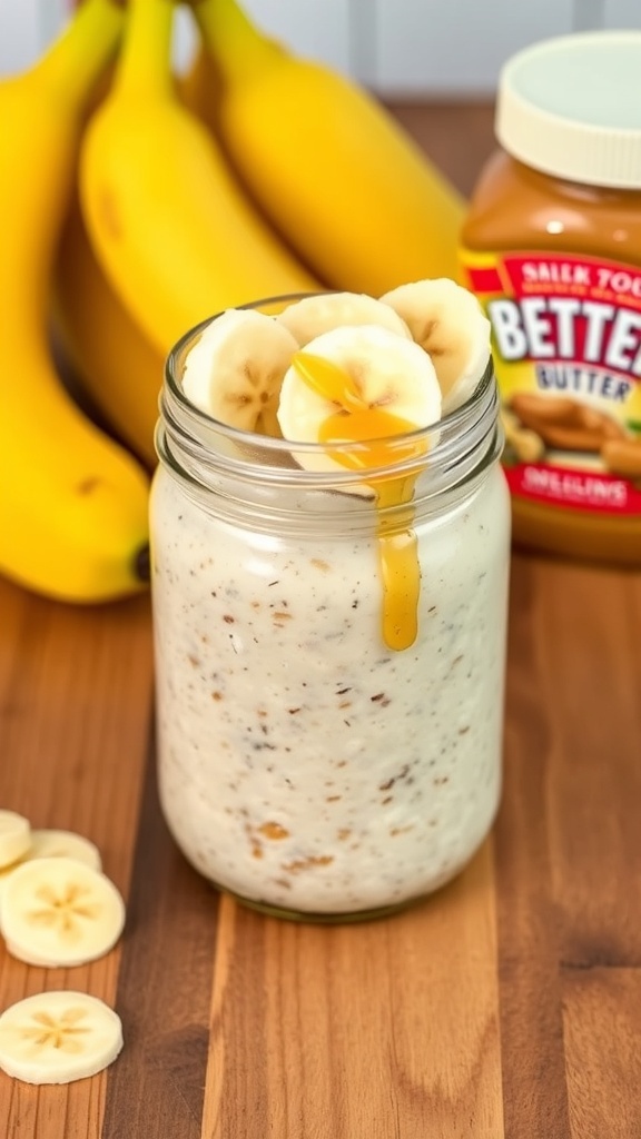 A jar of peanut butter and banana overnight oats with bananas and peanut butter in the background.