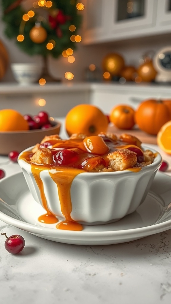 A warm bowl of cranberry orange bread pudding topped with orange sauce, surrounded by fresh cranberries and oranges, set in a cozy kitchen.