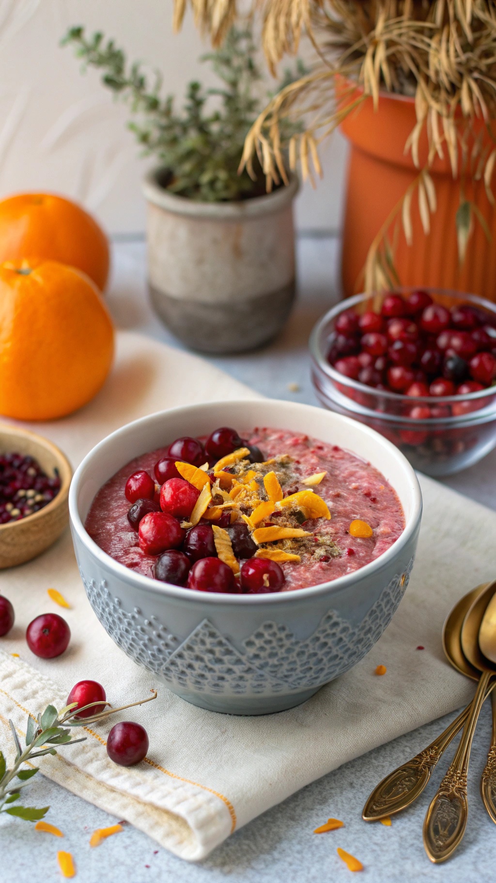 A bowl of cranberry orange chia pudding topped with fresh cranberries and orange zest, surrounded by oranges and decorative elements.