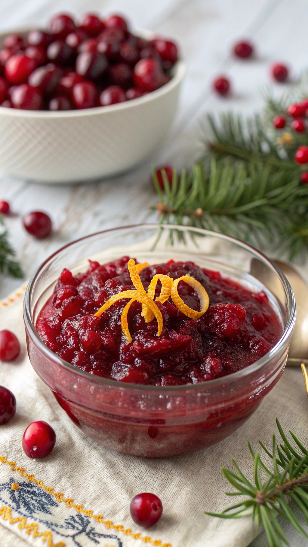 A bowl of homemade cranberry sauce garnished with orange zest, surrounded by fresh cranberries and pine branches.