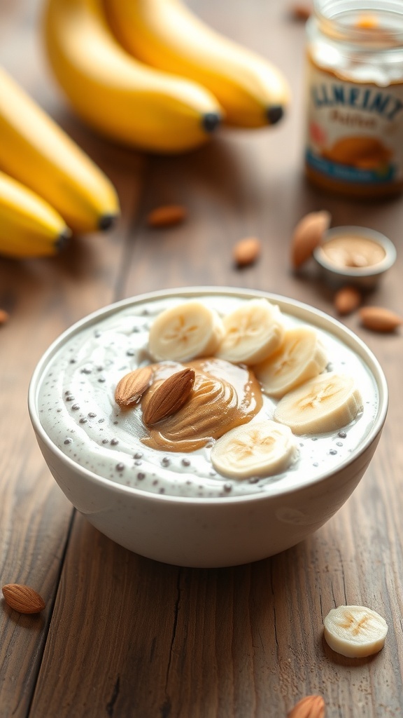 A bowl of creamy almond butter banana chia pudding topped with banana slices and almonds, with bananas and almond butter in the background.