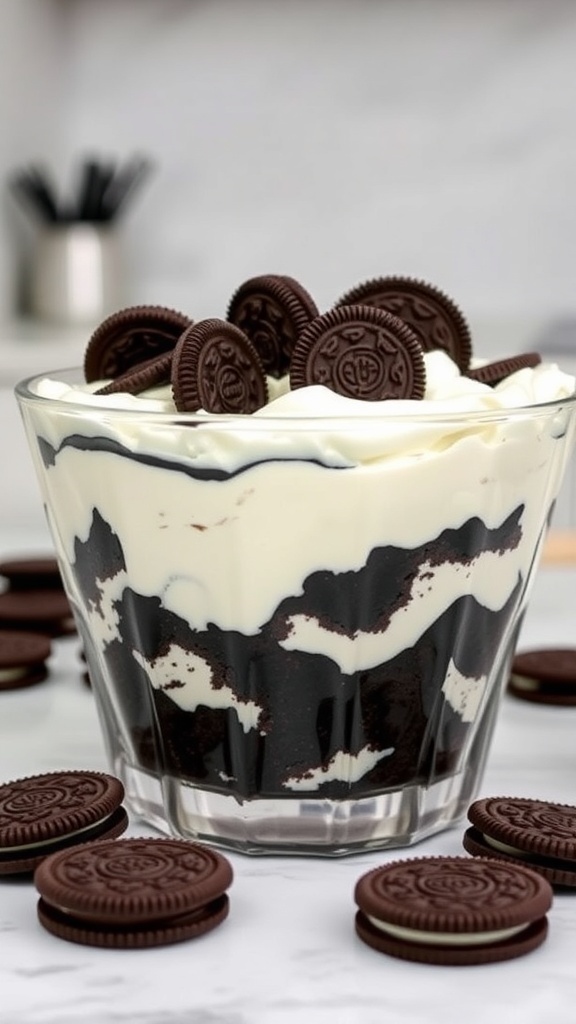 A delicious no-bake Oreo dessert layered with cream and topped with Oreo cookies.