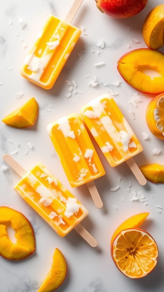 Creamy and fruity mango coconut popsicles with fresh mango slices and coconut flakes