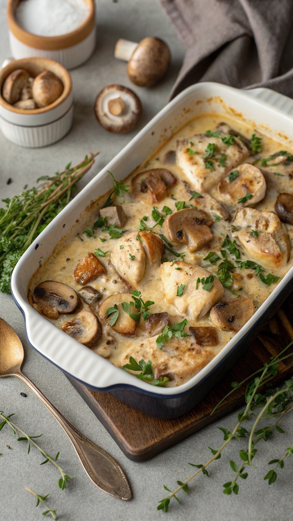 A creamy chicken and mushroom casserole topped with fresh herbs, served in a baking dish.