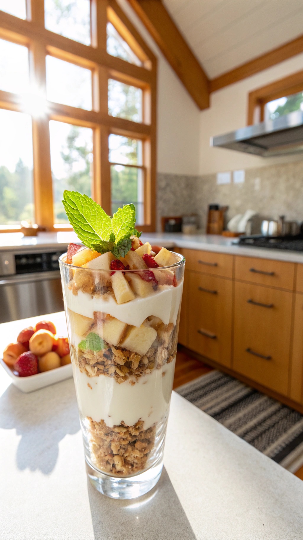 Creamy apple and Greek yogurt parfait in a glass with granola and mint garnish