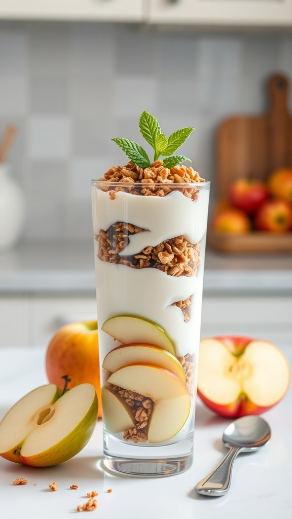 A tall glass filled with layers of yogurt, granola, and apple slices, garnished with mint leaves.