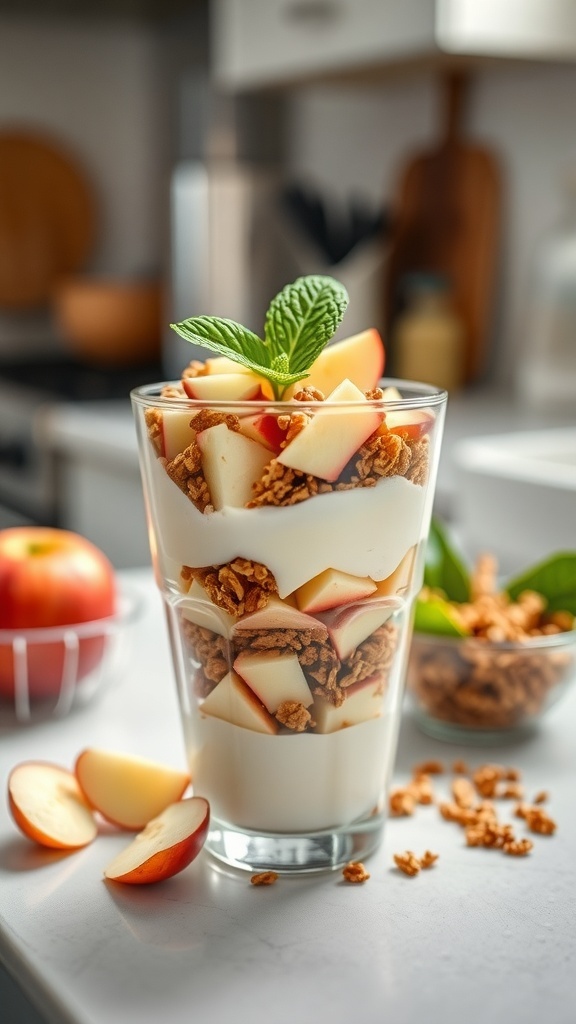 A creamy apple yogurt parfait with layers of yogurt, diced apples, and granola, garnished with mint leaves.