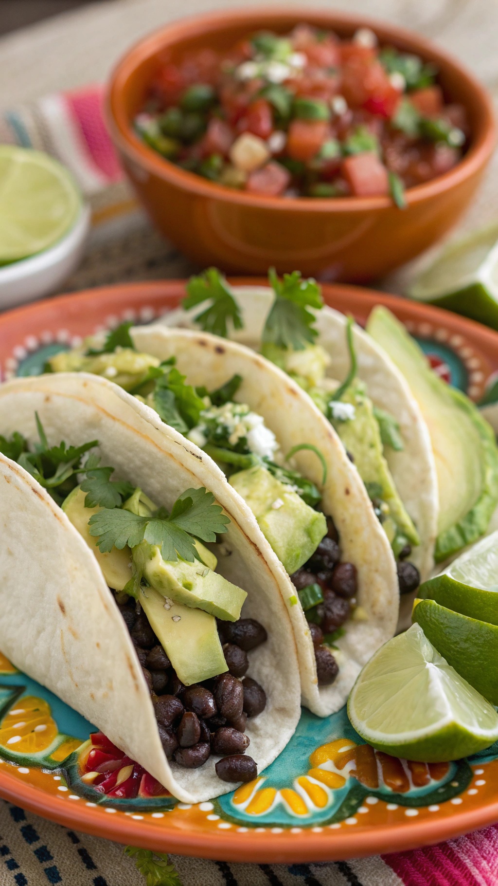 Three creamy avocado and black bean tacos on a colorful plate with lime wedges and a bowl of salsa.