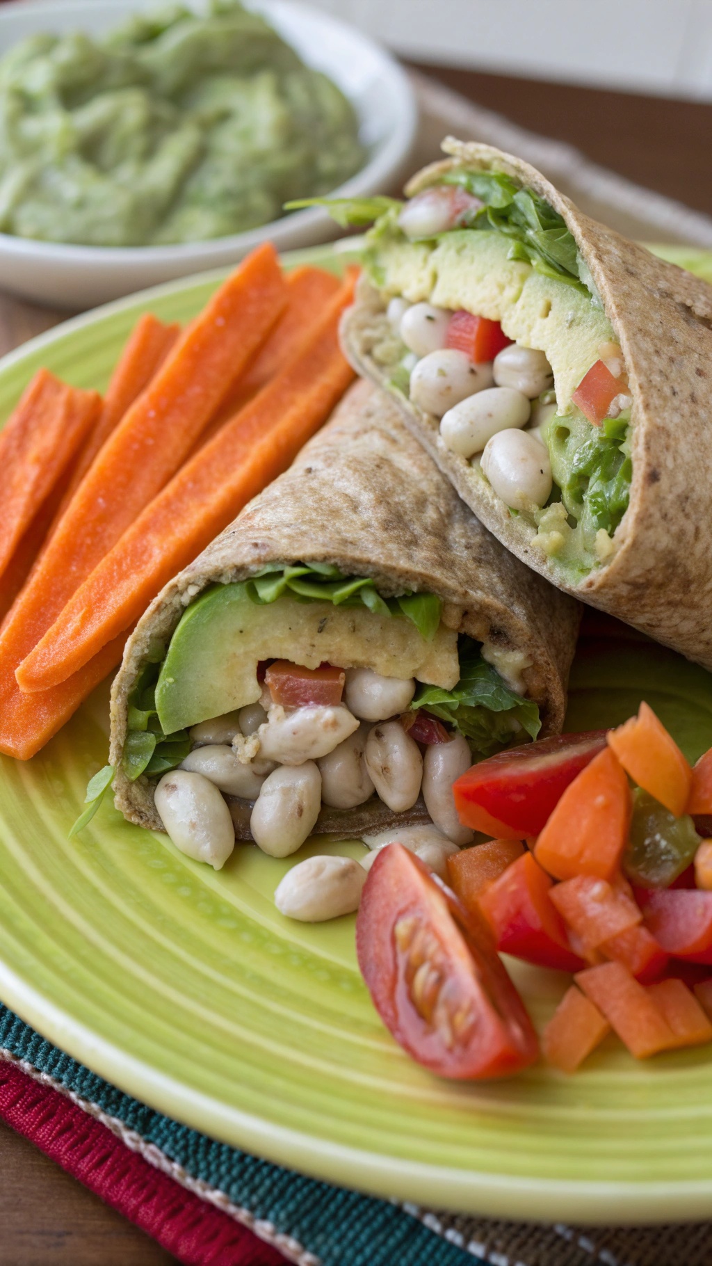 Creamy avocado and white bean wraps with carrot sticks and diced bell peppers on a plate.