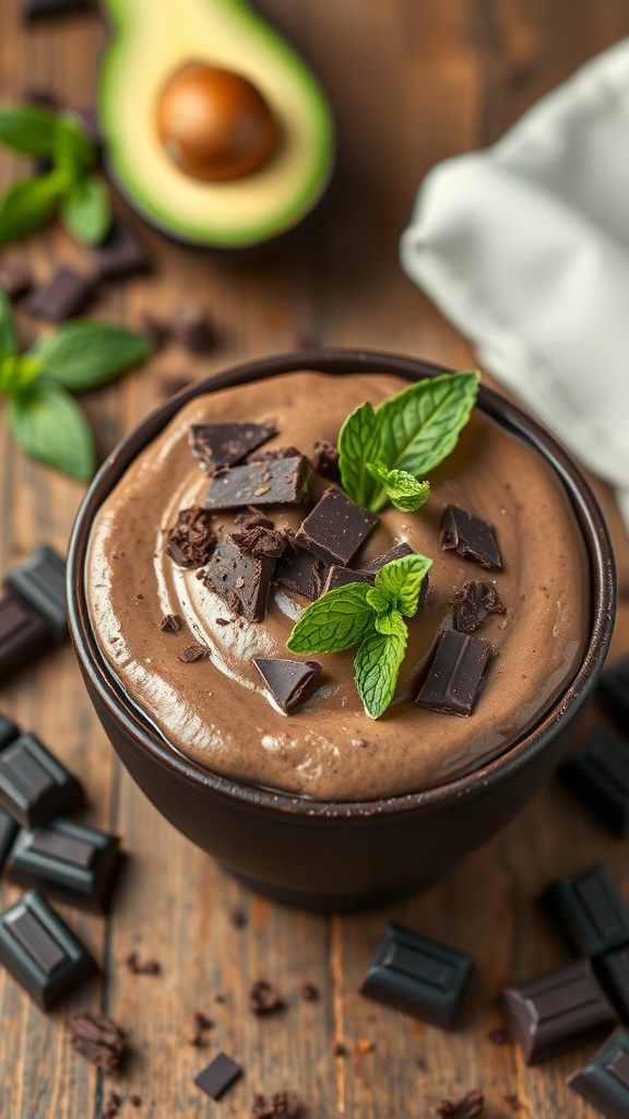 Creamy avocado chocolate mousse topped with mint leaves and chocolate chunks