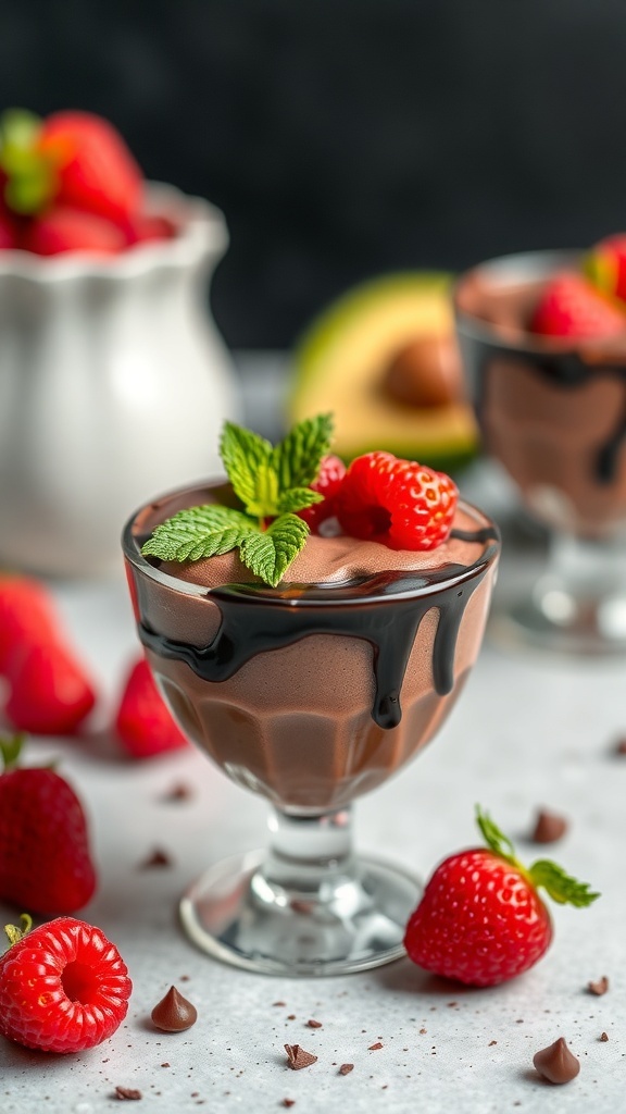 A bowl of creamy avocado chocolate mousse topped with raspberries and mint leaves, surrounded by fresh strawberries and chocolate chips.