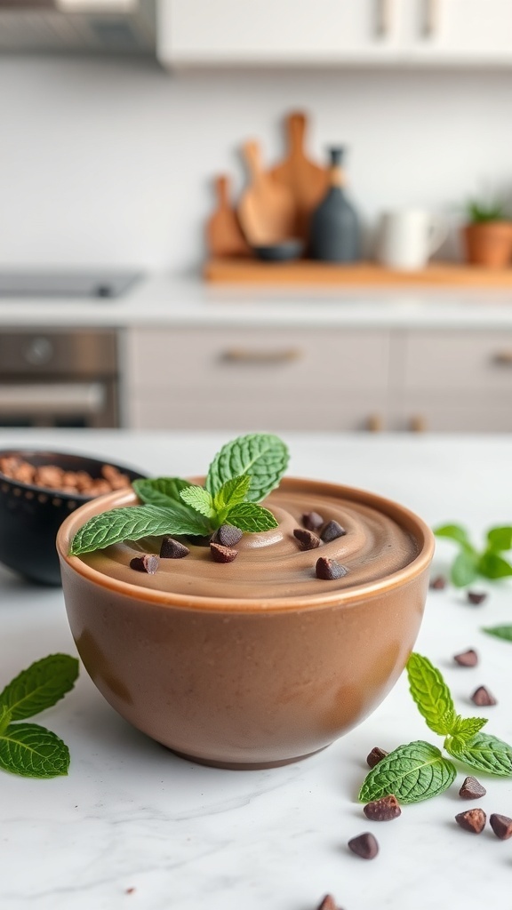Creamy avocado chocolate pudding topped with mint leaves and chocolate chips in a brown bowl