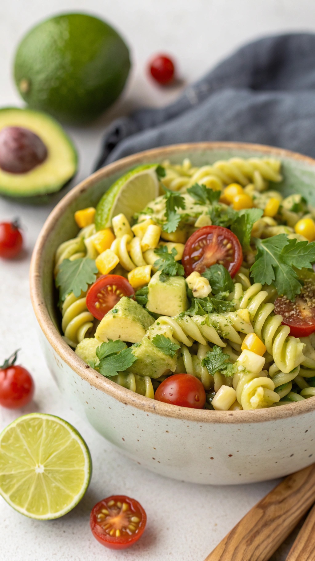 A bowl of creamy avocado pasta salad with cherry tomatoes, corn, and cilantro, garnished with lime slices.