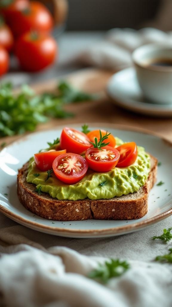 A slice of whole grain toast topped with creamy avocado and cherry tomatoes, with fresh herbs in the background.