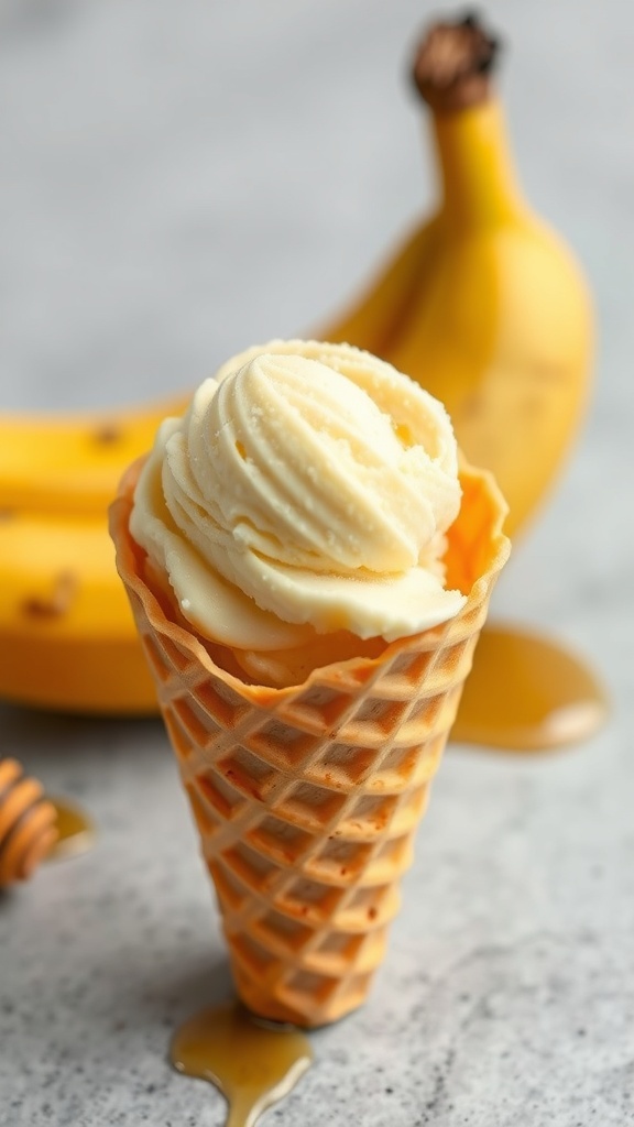 A scoop of creamy banana ice cream in a waffle cone with ripe bananas in the background.