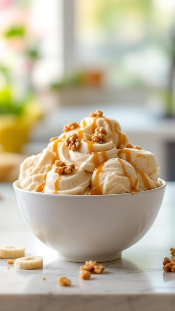 A bowl of creamy banana nice cream topped with caramel sauce and walnuts.