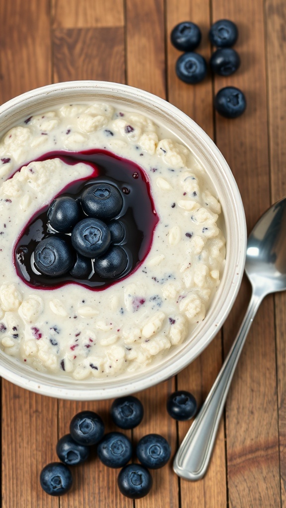 A bowl of creamy blueberry cheesecake overnight oats topped with blueberries and blueberry sauce, placed on a wooden table.