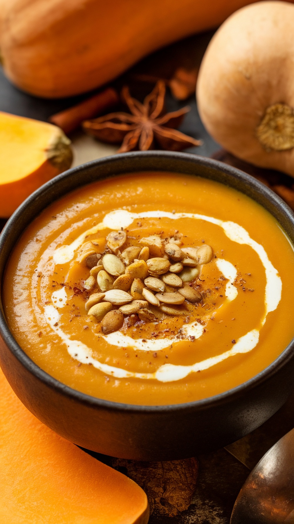 A bowl of creamy butternut squash soup topped with pumpkin seeds.