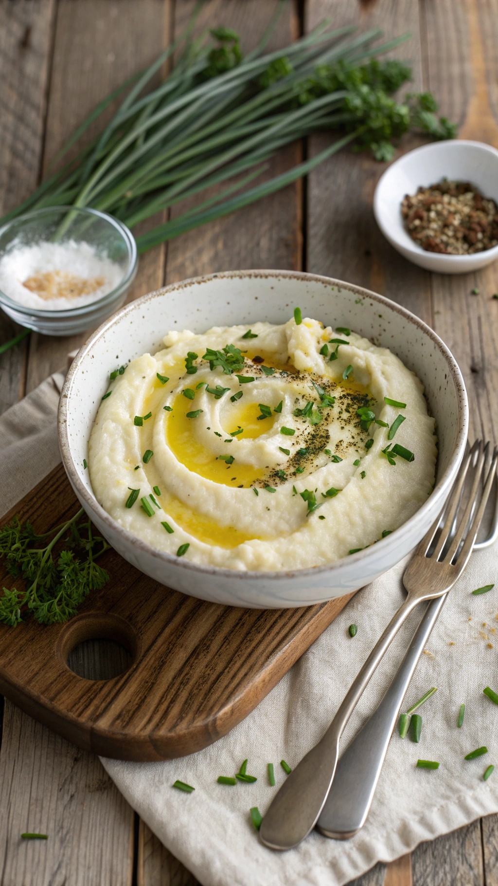 A bowl of creamy cauliflower mash topped with olive oil and fresh herbs, served on a wooden board.