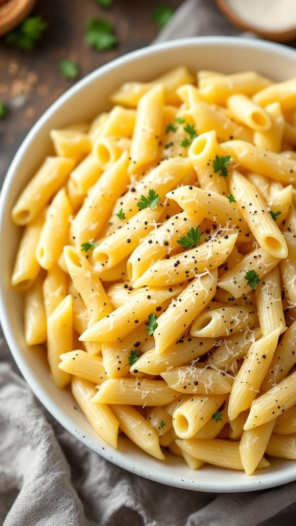 A bowl of creamy cauliflower penne pasta garnished with parsley and black pepper.