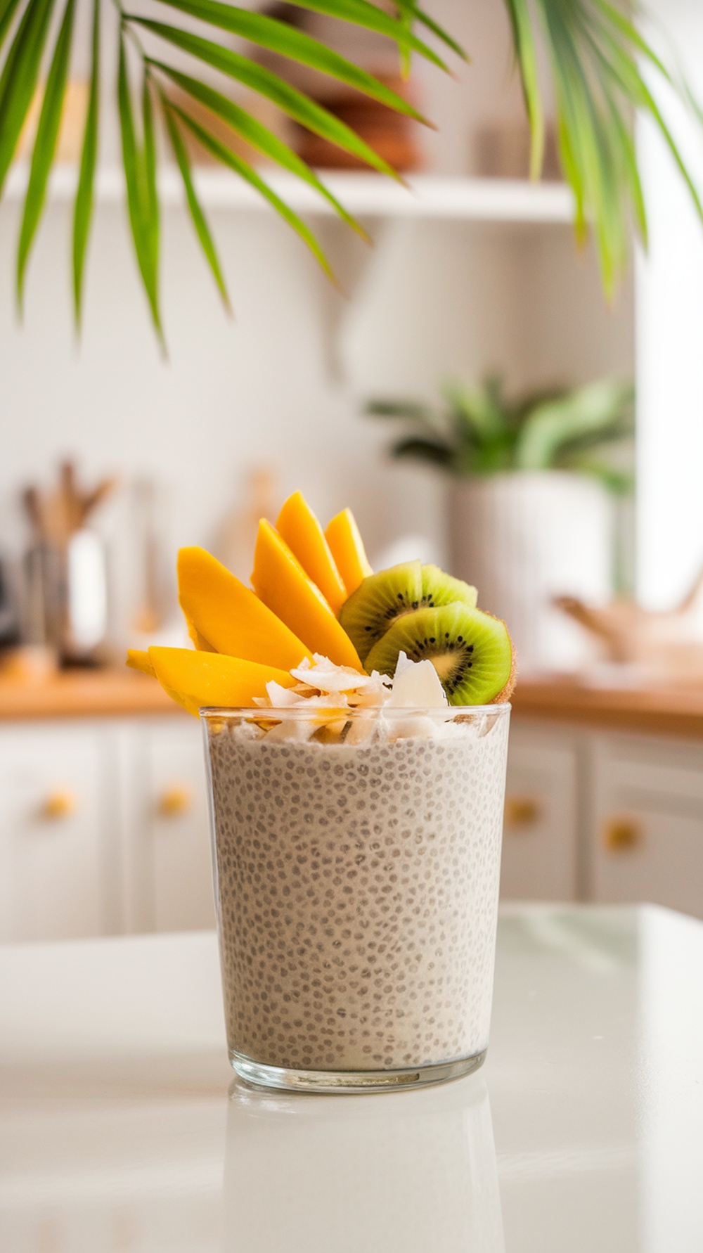 A glass of creamy chia pudding topped with mango slices, kiwi, and coconut flakes, set against a bright kitchen background.