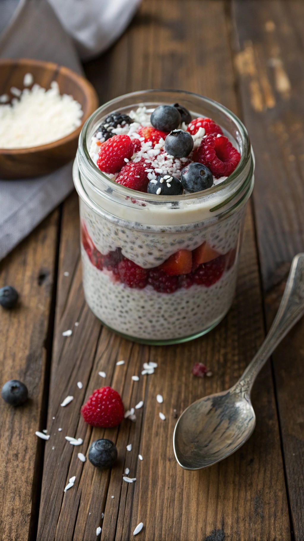 A jar of creamy chia seed pudding topped with fresh berries and coconut flakes.