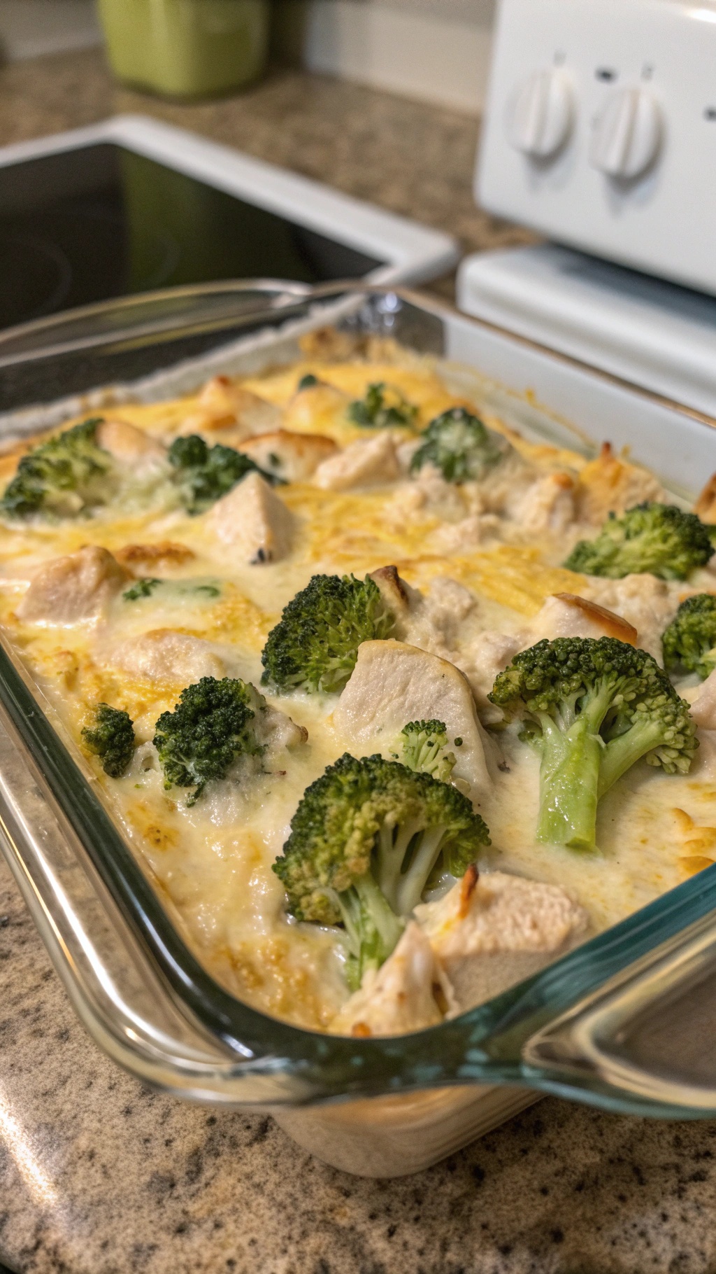 A creamy chicken and broccoli casserole in a glass baking dish, topped with golden crackers.
