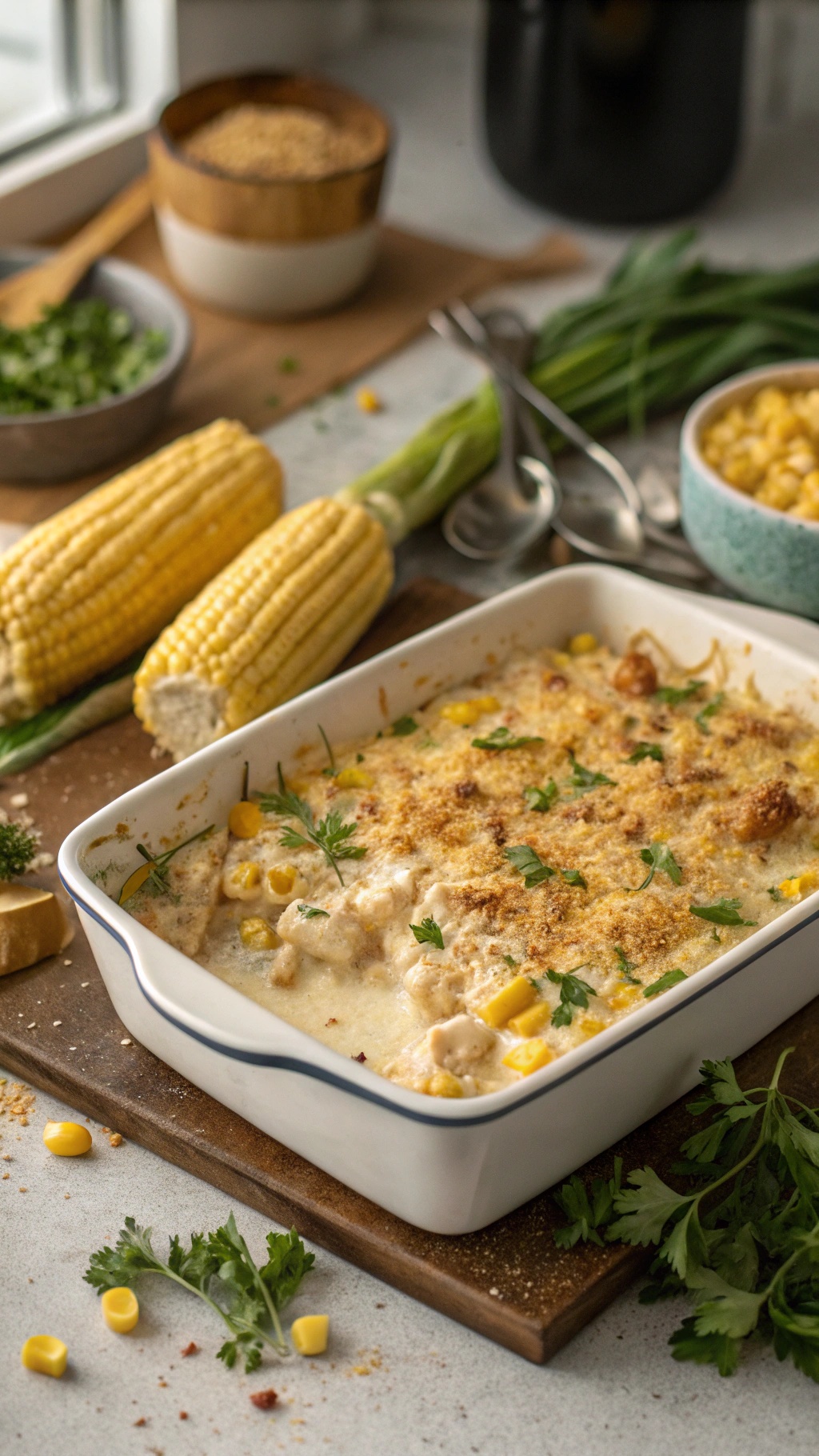 Creamy chicken and corn casserole in a baking dish with fresh herbs and corn on the side.