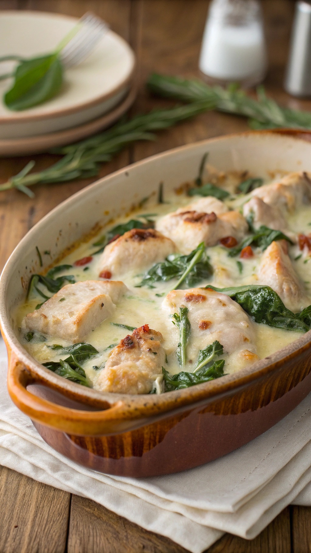 A creamy chicken and spinach casserole in a baking dish, showcasing tender chicken and vibrant greens.