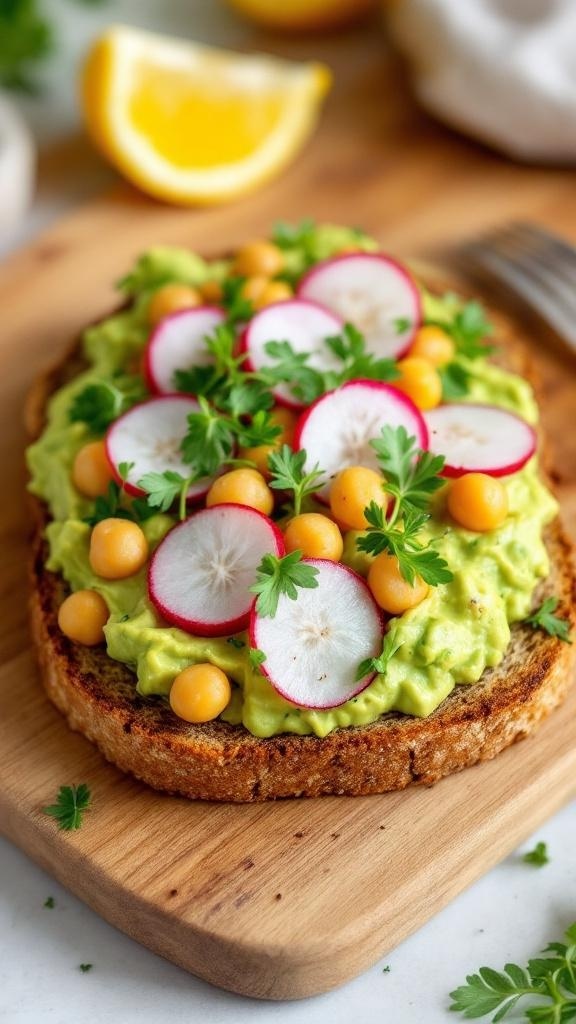 Creamy Chickpea and Avocado Toast topped with radish slices and yellow fruits on a wooden board.