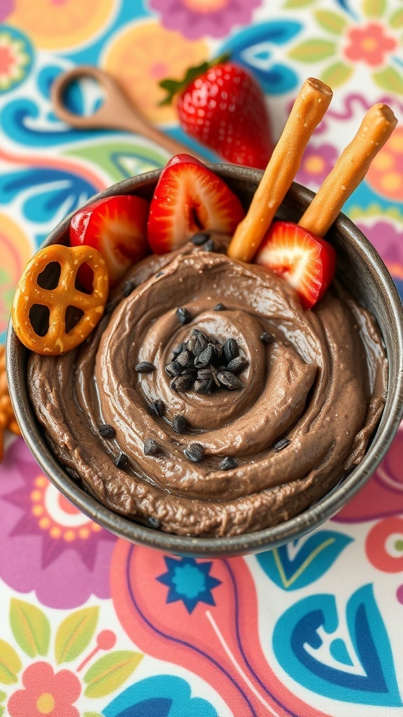 A bowl of creamy chocolate hummus topped with chocolate chips, strawberries, and pretzel sticks on a colorful background.