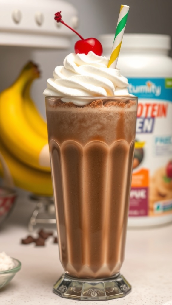 A creamy chocolate protein shake topped with whipped cream and a cherry, with bananas and protein powder in the background.