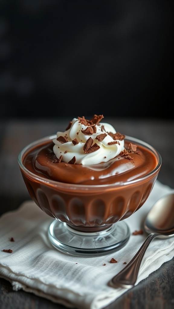 A bowl of creamy chocolate pudding topped with whipped cream and chocolate shavings.