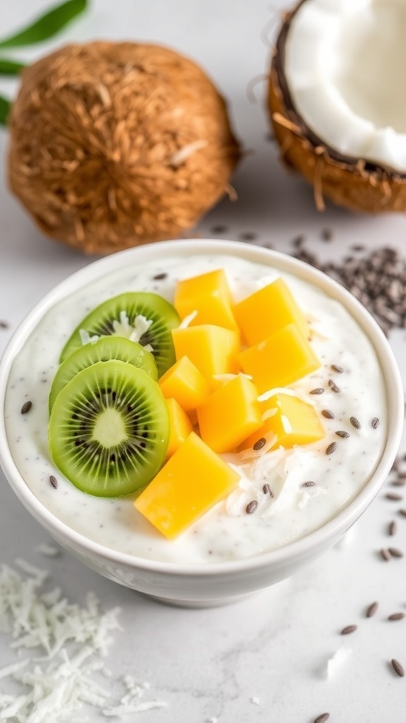 A bowl of creamy coconut chia pudding topped with mango and kiwi slices, with coconut shells in the background.