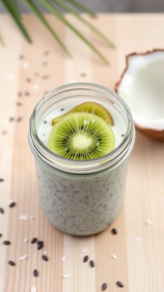 A jar of creamy coconut chia seed pudding topped with kiwi slices, placed on a wooden surface.