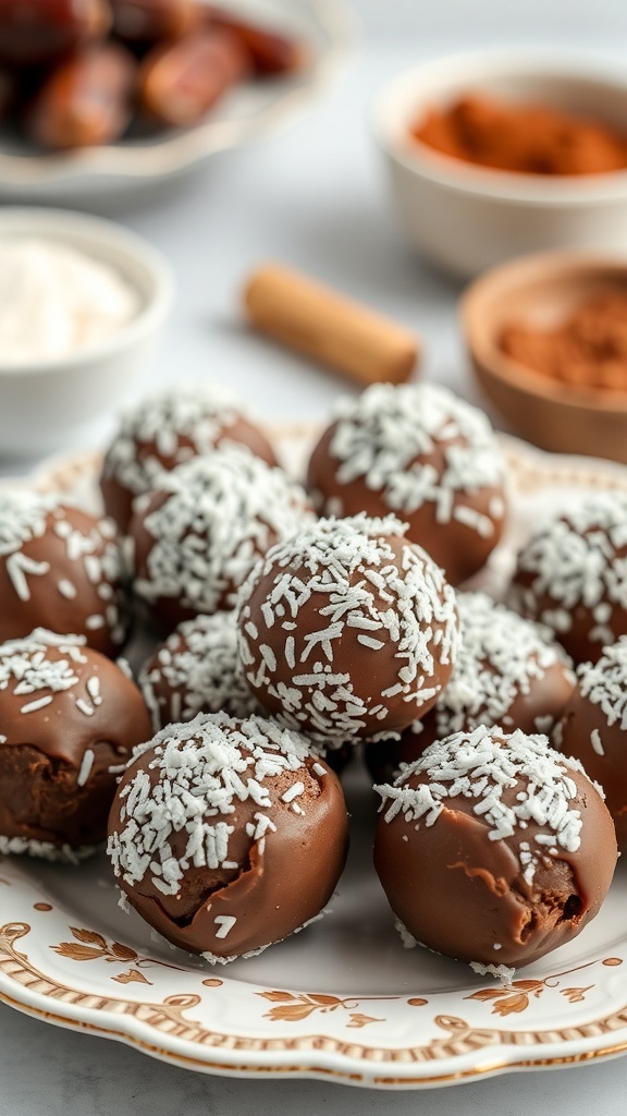 Plate of creamy coconut chocolate energy balls coated in shredded coconut, with ingredients in the background.
