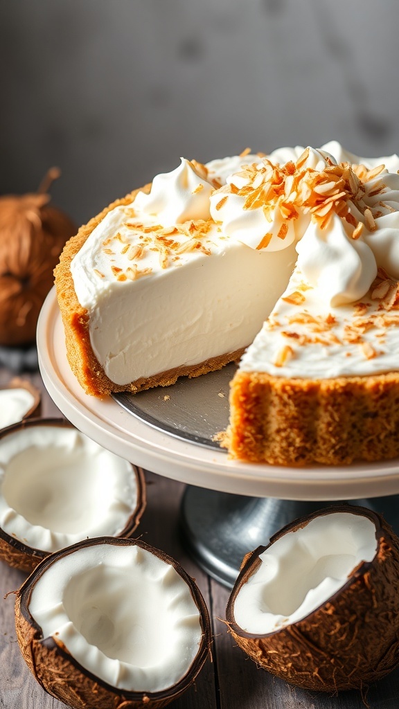 A creamy coconut cream pie with a nutty crust, topped with whipped cream and toasted coconut flakes, displayed on a cake stand.