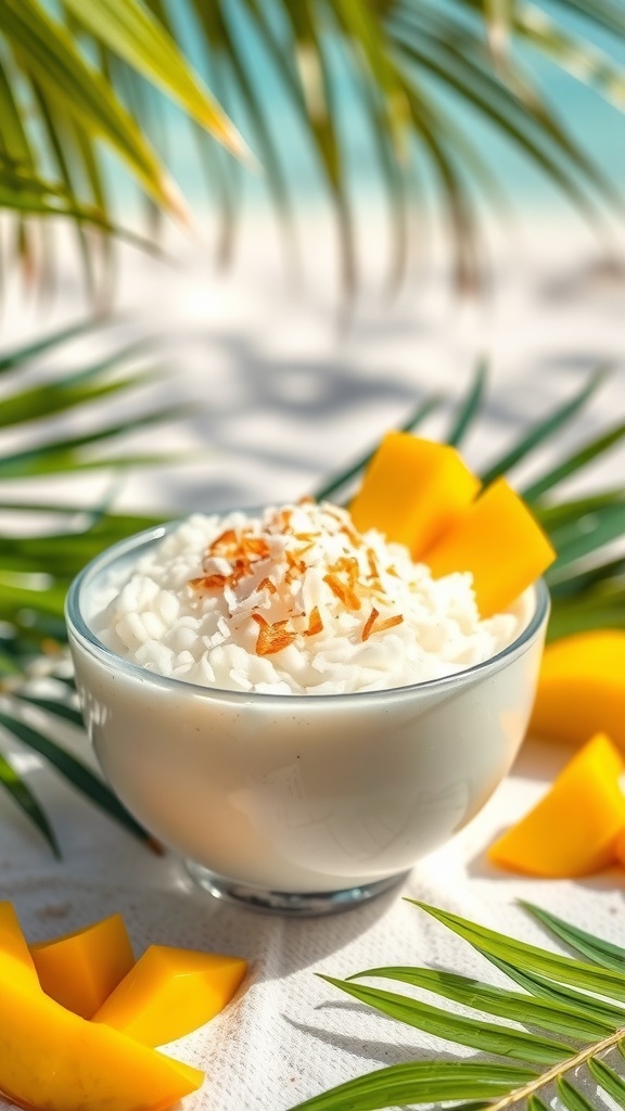 A bowl of creamy coconut milk rice pudding topped with toasted coconut and surrounded by fresh mango slices on a tropical background.