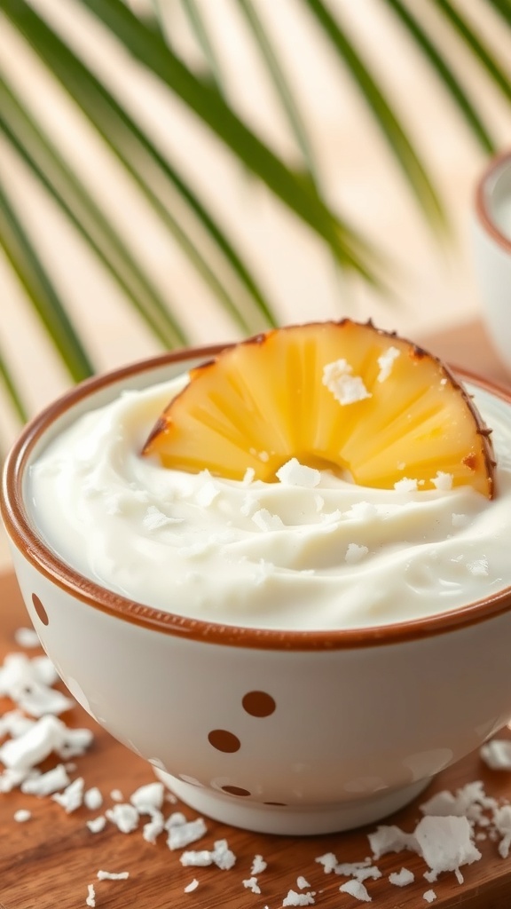 Creamy coconut pudding topped with a slice of pineapple and coconut flakes in a bowl
