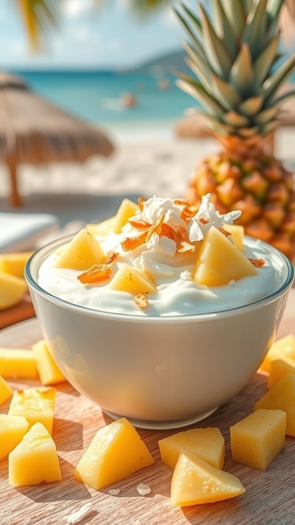 A bowl of creamy coconut pudding topped with fresh pineapple and toasted coconut flakes, with a beach background.