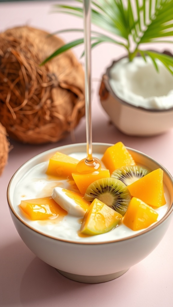 A bowl of coconut yogurt topped with mango, kiwi, and honey.