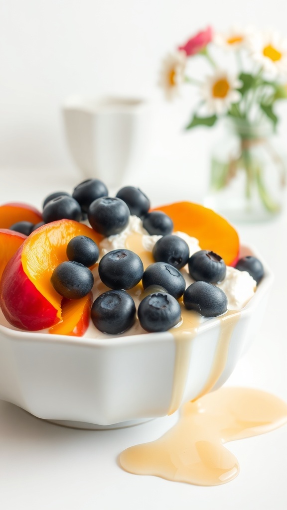 A bowl of creamy cottage cheese topped with peach slices and blueberries, drizzled with honey.