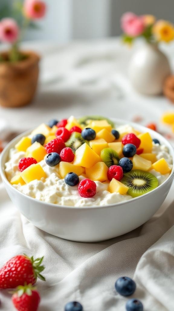 A creamy cottage cheese bowl topped with fresh fruits including mango, kiwi, blueberries, and raspberries, set on a light fabric background.
