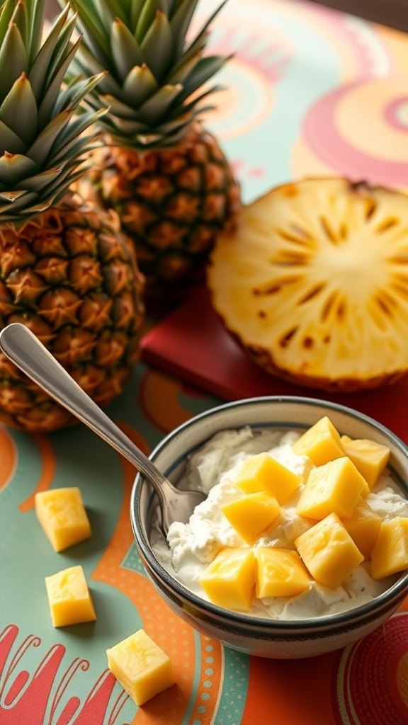 A bowl of creamy cottage cheese topped with diced pineapple, with whole pineapples in the background.