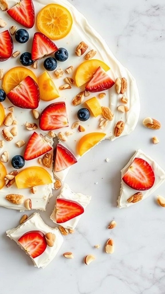 Yogurt bark topped with strawberries, blueberries, and nuts on a marble surface.
