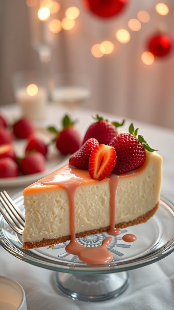 A slice of lightened-up cheesecake topped with fresh strawberries and strawberry sauce, displayed on a glass plate.