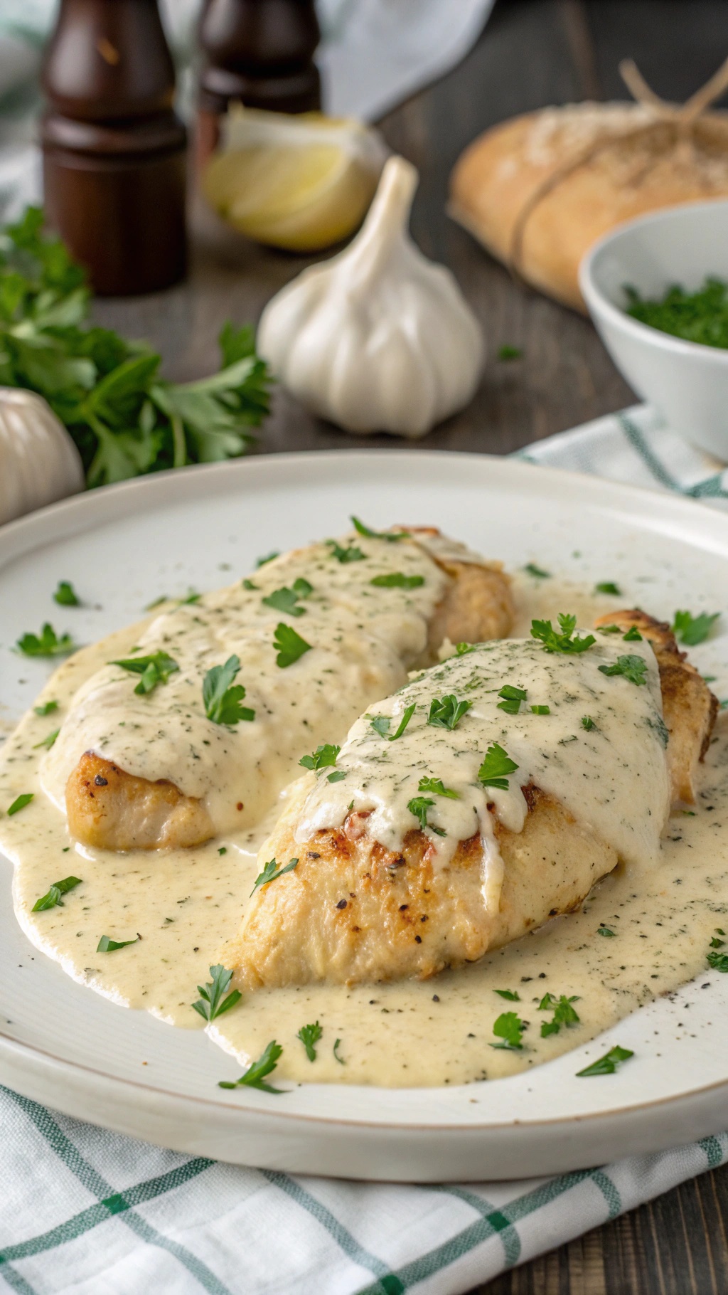Creamy Garlic Parmesan Chicken Breasts on a plate with parsley garnish.