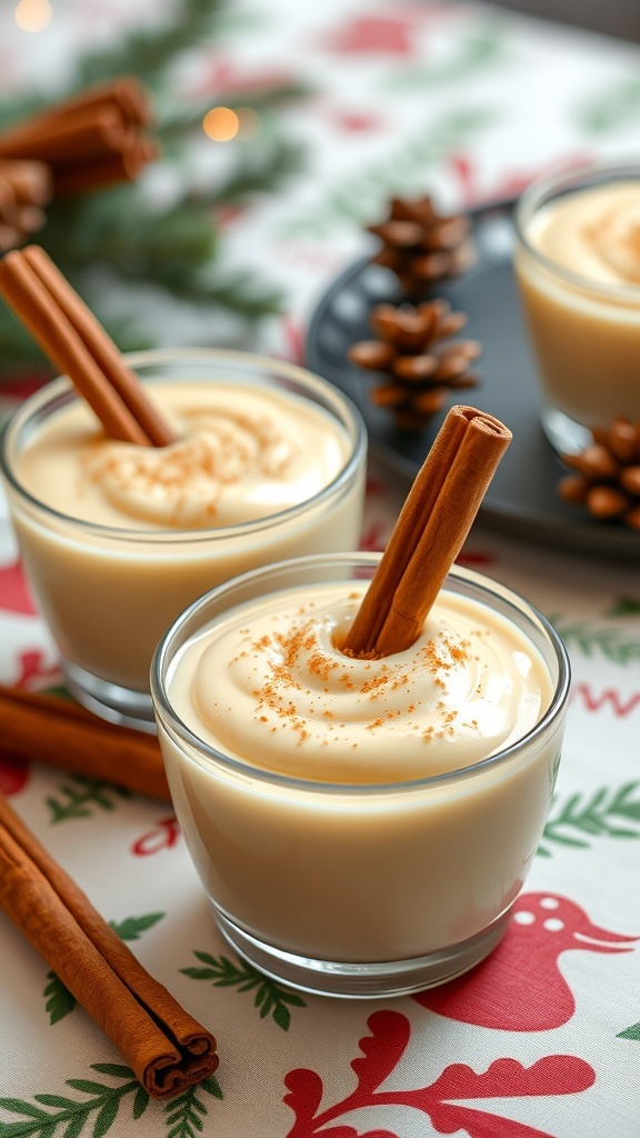 Creamy eggnog pudding cups with cinnamon sticks on a festive table